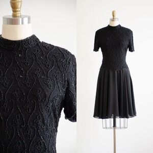 black lace dress 90s vintage beaded mockneck chiffon mini dress